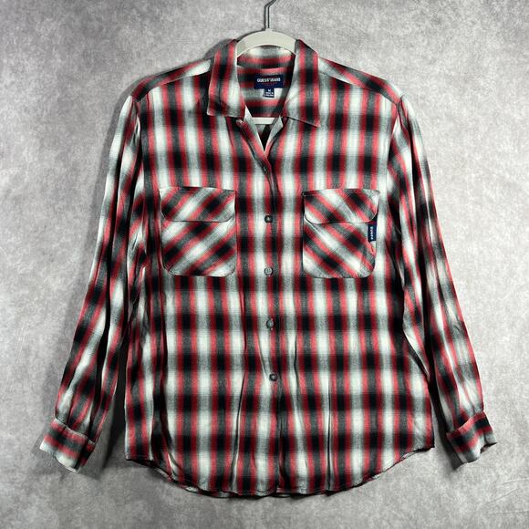 Vintage Guess Jeans Shirt Men Medium Red Gray Plaid Button Up Long Sleeve Casual - Picture 1 of 10